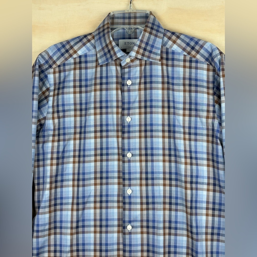 Eton Shirt Mens Slim 16 41 Blue Brown Plaid Twill Button Up Dress Long Sleeve